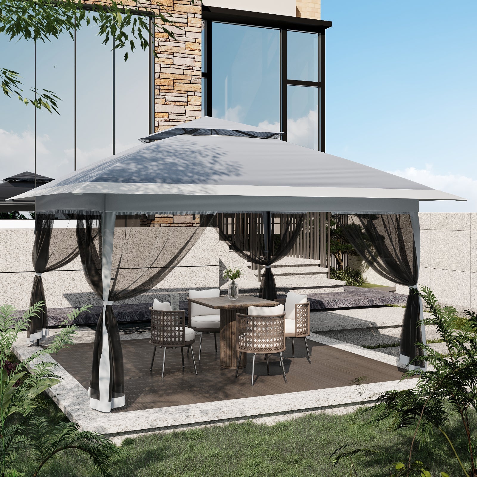 Garvee Gazebo Plegable 396x396 cm con Mosquitera y Alero Retráctil de un Solo Toque Estructura de Acero Resistente Impermeable Protección UV Patio Jardín Gris