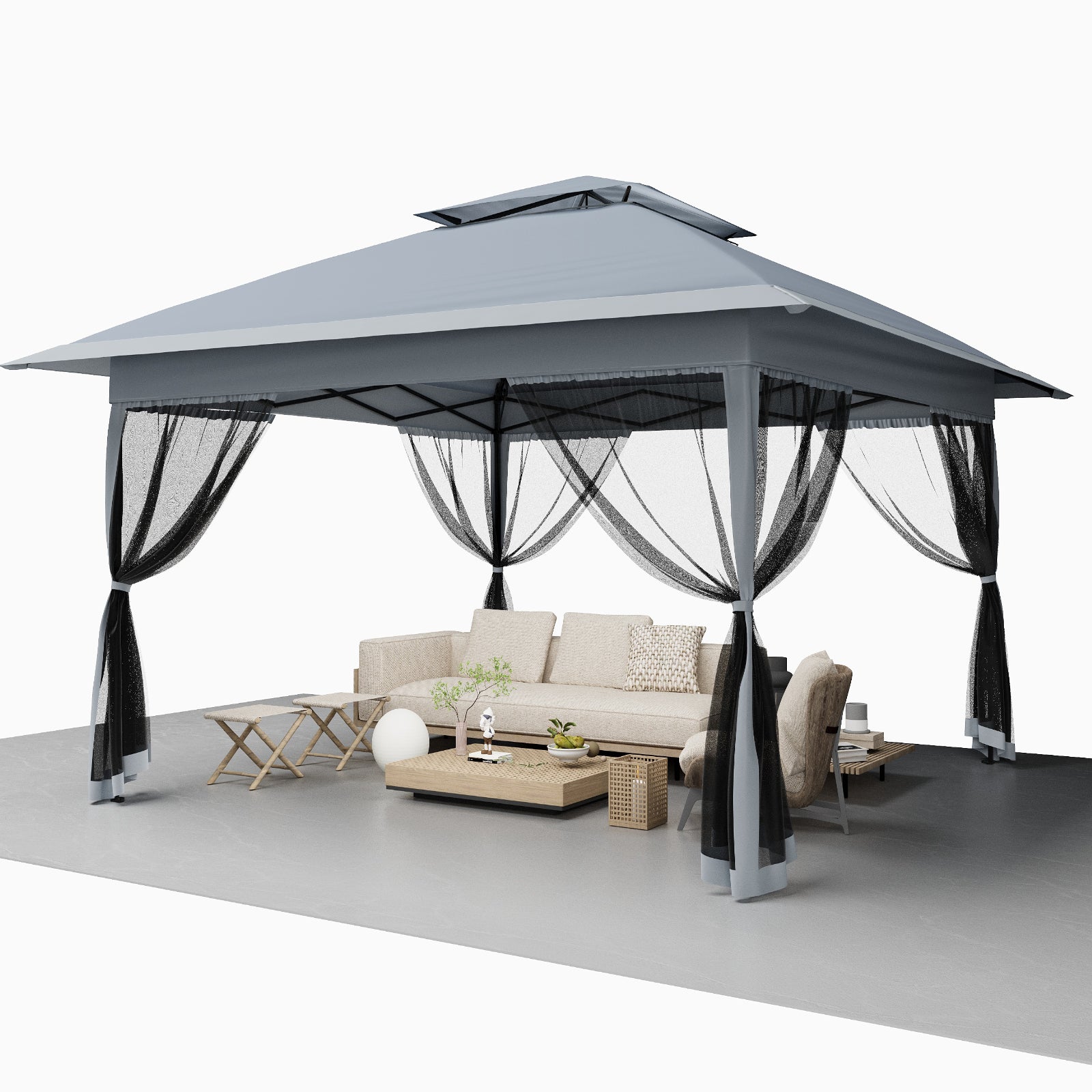Garvee Gazebo Plegable 396x396 cm con Mosquitera y Alero Retráctil de un Solo Toque Estructura de Acero Resistente Impermeable Protección UV Patio Jardín Gris
