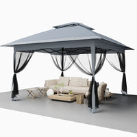 Garvee Gazebo Plegable 396x396 cm con Mosquitera y Alero Retráctil de un Solo Toque Estructura de Acero Resistente Impermeable Protección UV Patio Jardín Gris