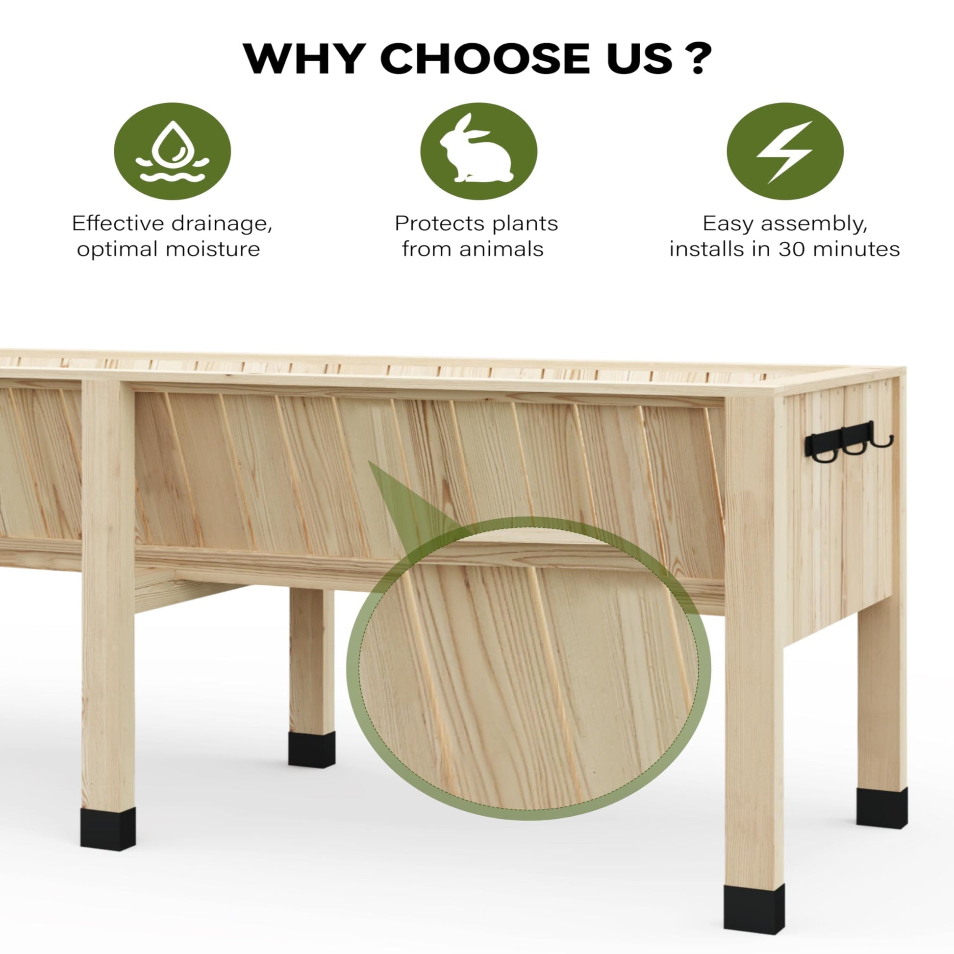 Garvee Cama de Jardín Elevada Madera de Cedro Natural Con Ganchos Estable Ergonómica 183x60x77 cm Plantas Patio Balcón Color Natural