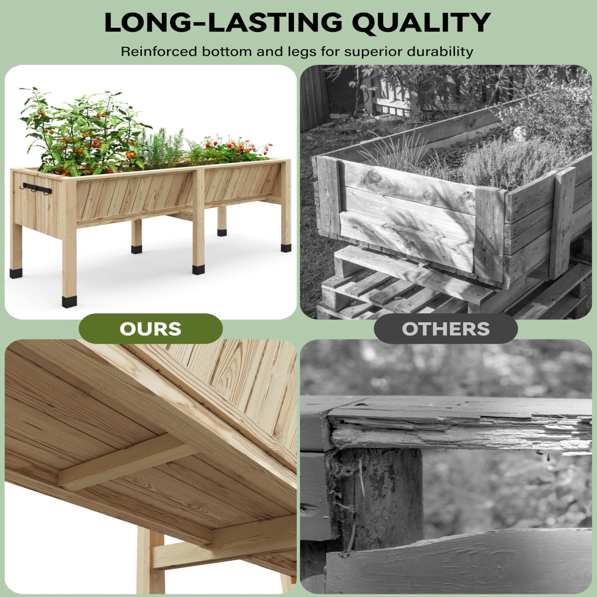 Garvee Cama de Jardín Elevada Madera de Cedro Natural Con Ganchos Estable Ergonómica 183x60x77 cm Plantas Patio Balcón Color Natural