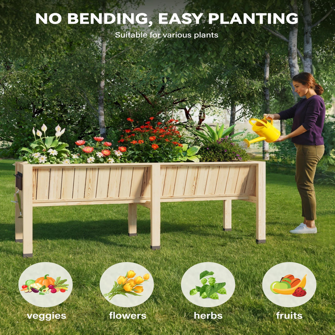 Garvee Cama de Jardín Elevada Madera de Cedro Natural Con Ganchos Estable Ergonómica 183x60x77 cm Plantas Patio Balcón Color Natural
