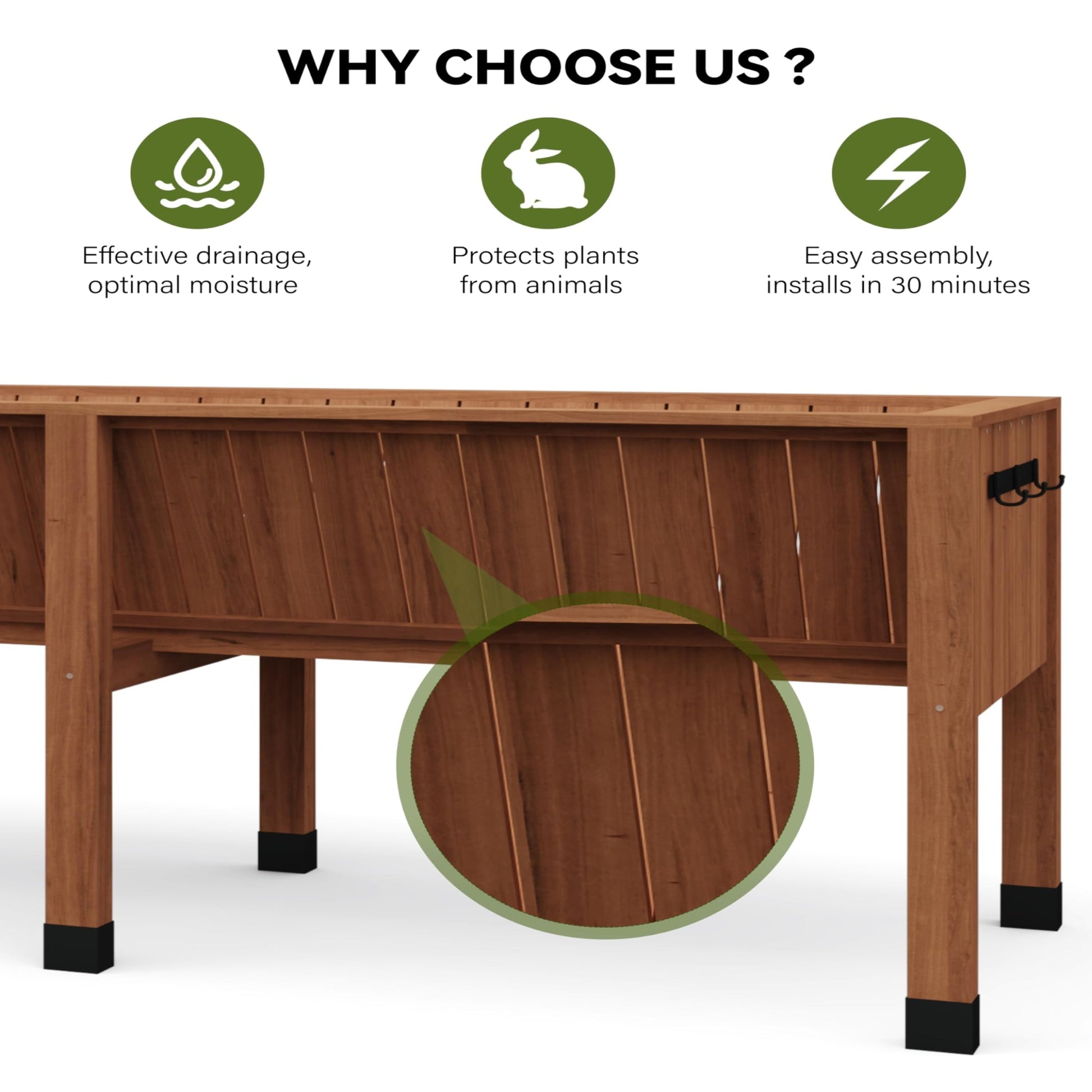 Garvee Jardineras Elevadas de Cedro Grande con Ganchos Integrados de 183x60x77cm, Estable y Fácil de Montar para Huertos y Jardines, Roble