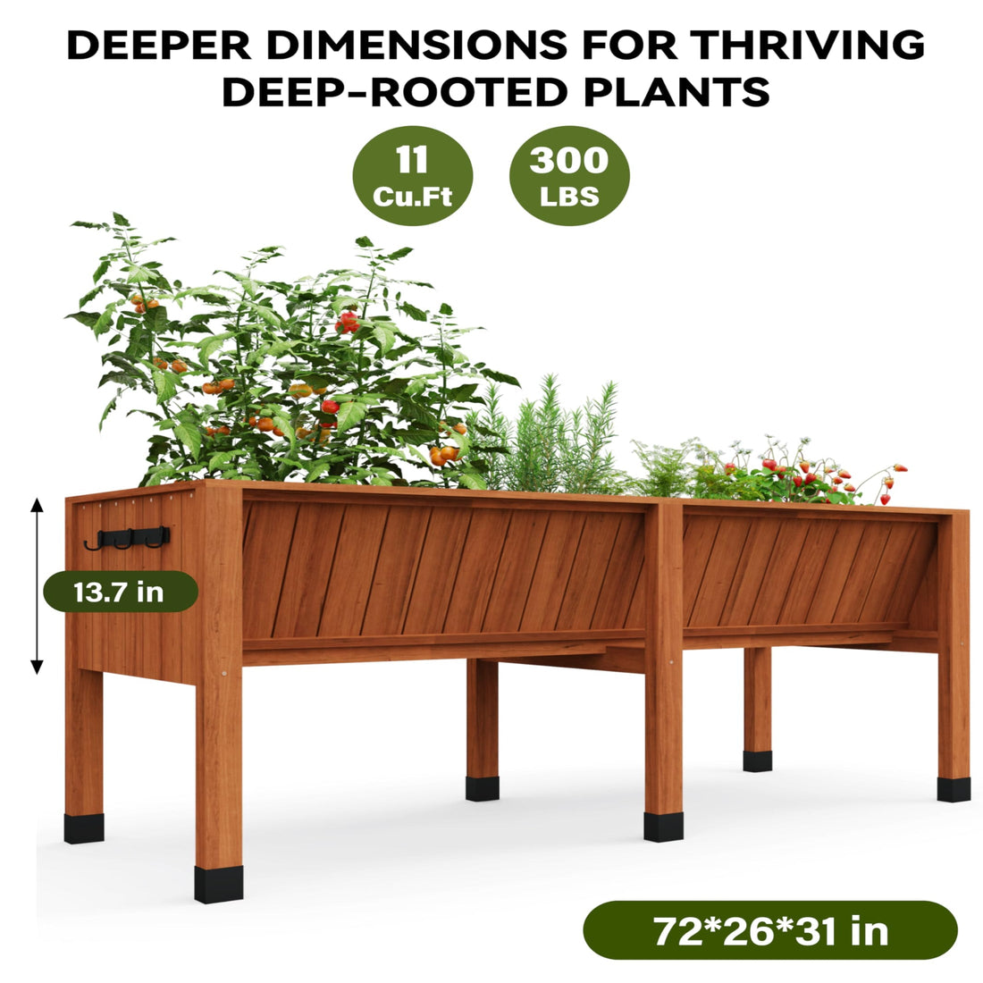Garvee Jardineras Elevadas de Cedro Grande con Ganchos Integrados de 183x60x77cm, Estable y Fácil de Montar para Huertos y Jardines, Roble