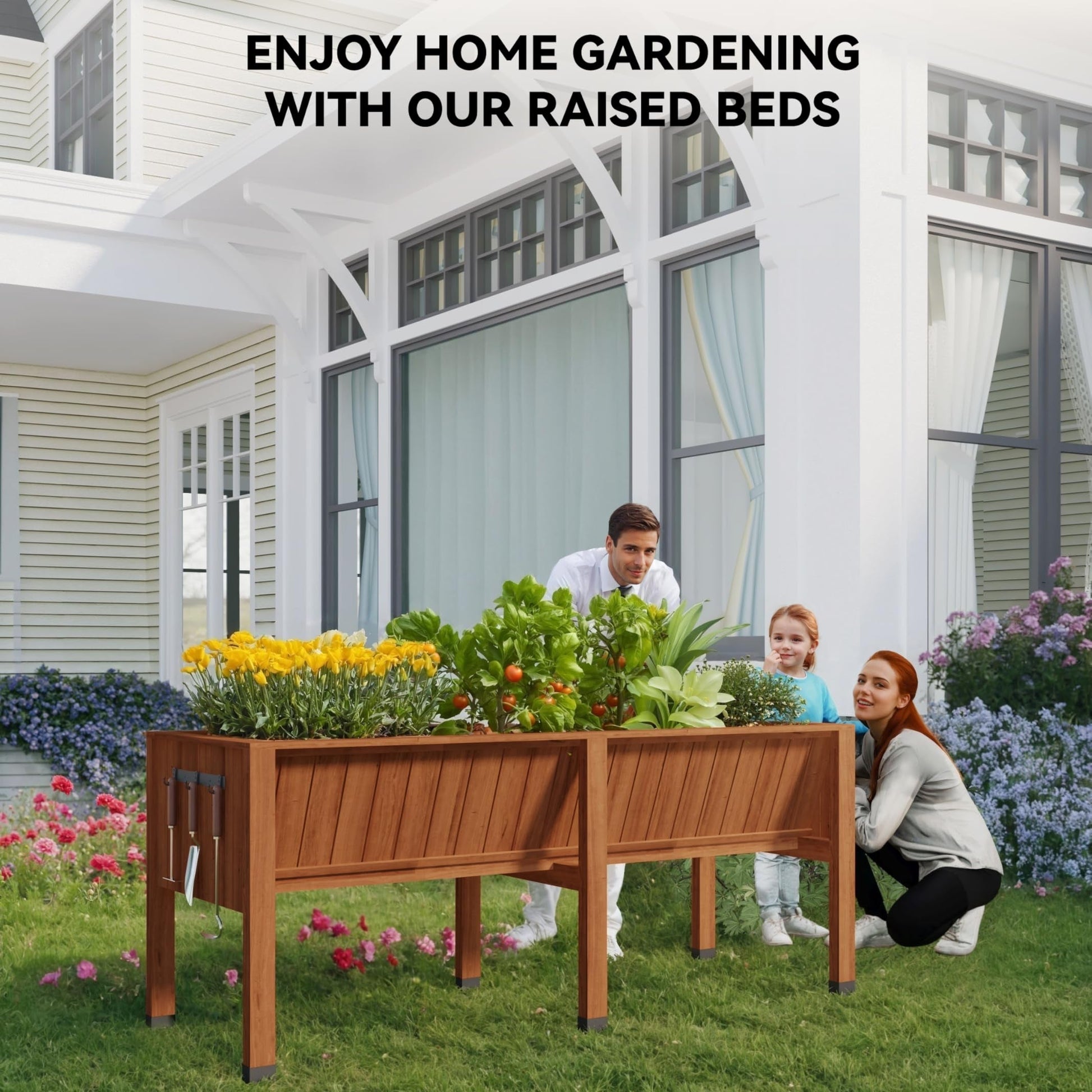 Garvee Jardineras Elevadas de Cedro Grande con Ganchos Integrados de 183x60x77cm, Estable y Fácil de Montar para Huertos y Jardines, Roble