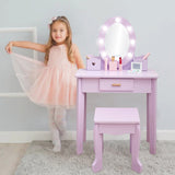Garvee Tocador Princesa de Madera para Niñas Set Completo, Espejo con Luz Integrada y Taburete Acoplado, Mobiliario Decorativo para Dormitorio, Púrpuro con Luz - Púrpuro