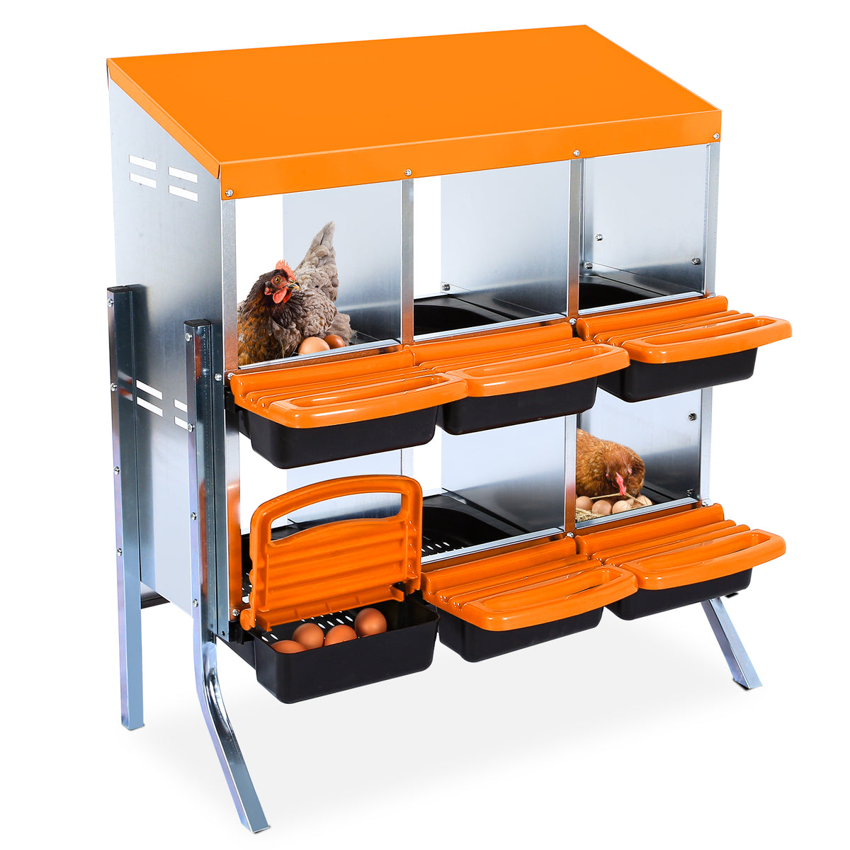 Garvee Caja de Anidación para Gallinas 6 Compartimentos con Soporte, Bandeja Deslizante, Ventilación Amplia, Plástico Resistente, Sistema Recolección Huevos, Ahorro de Espacio, Naranja