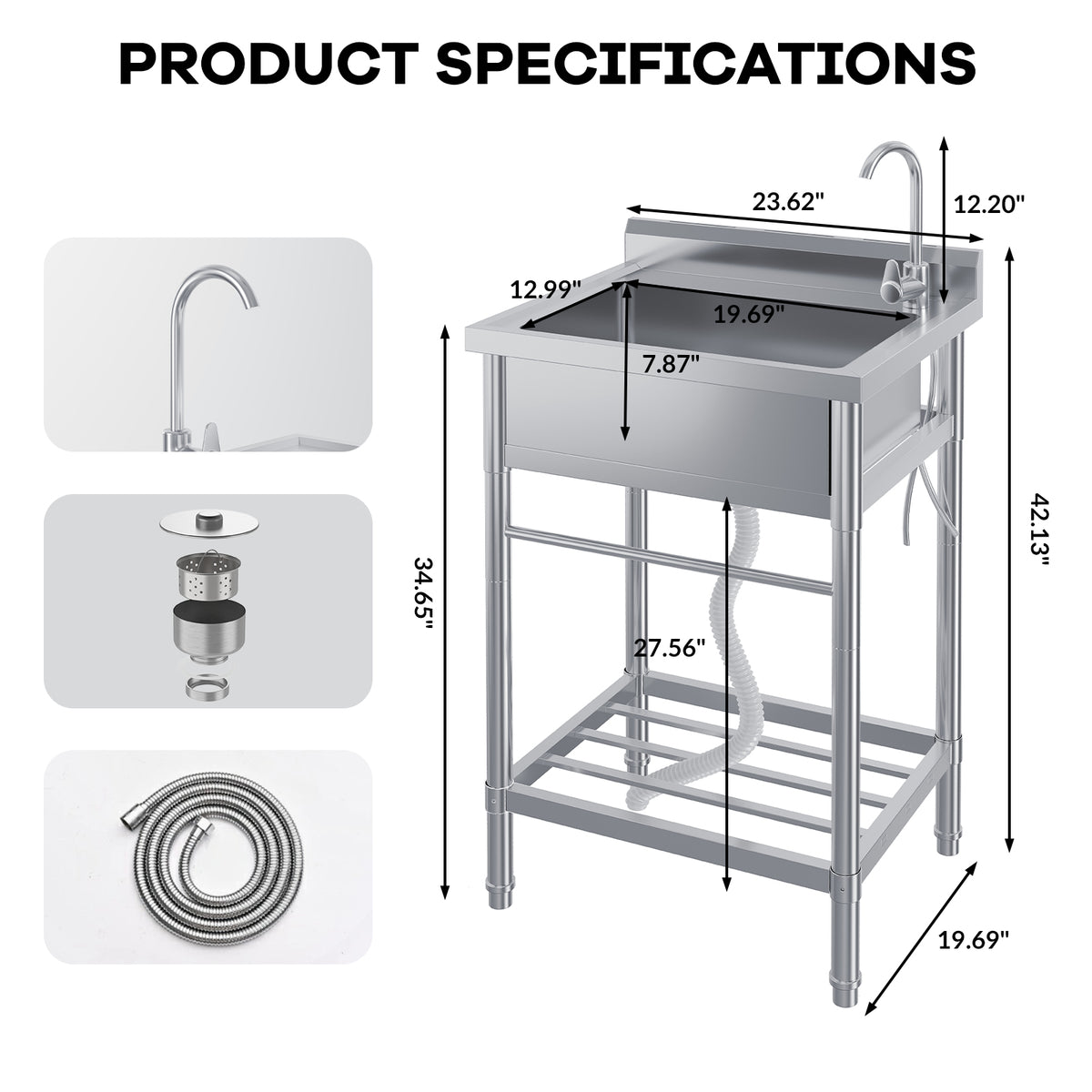 Garvee Fregadero Industrial Independiente de Acero Inoxidable 201 de 61x51x104 cm con Cubeta Profunda, Grifo y Estante, Plata