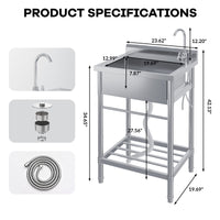 Garvee Fregadero Industrial Independiente de Acero Inoxidable 201 de 61x51x104 cm con Cubeta Profunda, Grifo y Estante, Plata