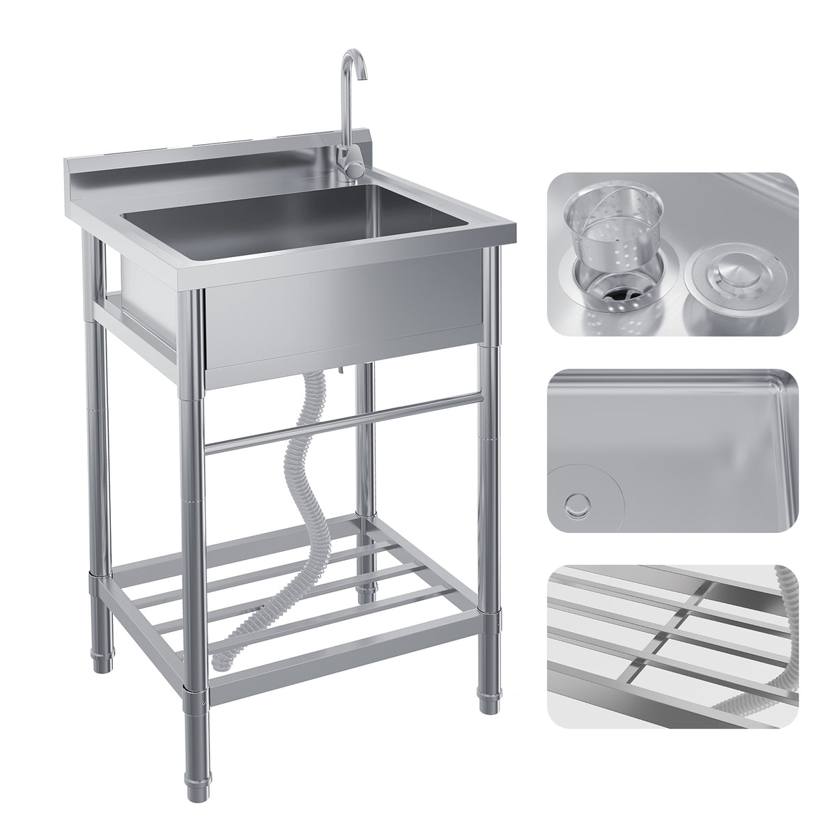 Garvee Fregadero Industrial Independiente de Acero Inoxidable 201 de 61x51x104 cm con Cubeta Profunda, Grifo y Estante, Plata