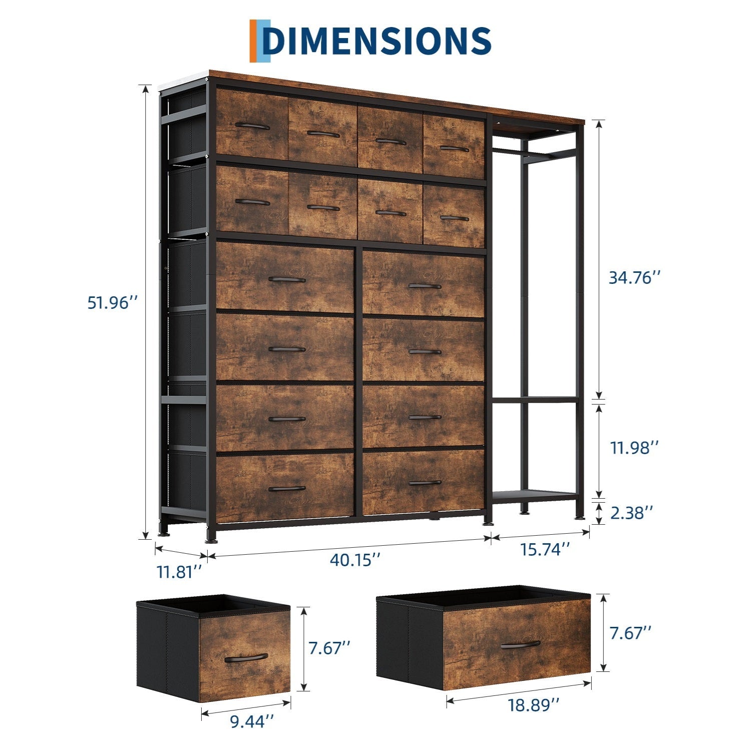 Garvee Cómoda Vertical con 16 Cajones de Tela, Barra Colgante y Estantes Abiertos, Estructura Metálica Robusta, Montaje Reversible para Dormitorio y Vestidor, Atigrado