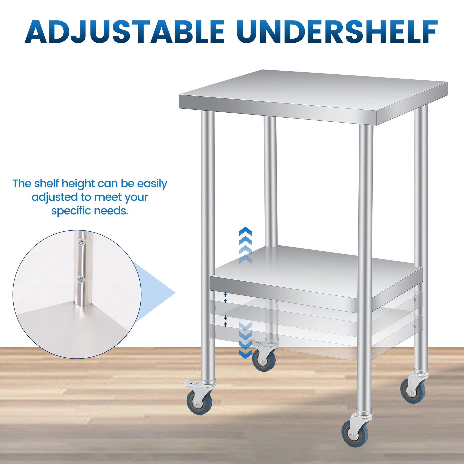 Garvee Mesa De Preparación De Acero Inoxidable  Con Ruedas Y Estante Ajustable Para Cocina Comercial Y Taller