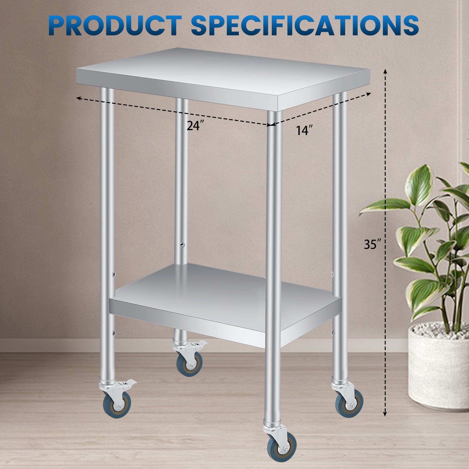 Garvee Mesa De Preparación De Acero Inoxidable  Con Ruedas Y Estante Ajustable Para Cocina Comercial Y Taller