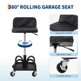 Garvee Taburete Mecánico Rodante Altura Ajustable 41-53 cm, Cojín Suave, Ruedas 360° Bloqueables, Acero Negro, Taller y Garaje - 