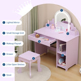 Garvee Vanidad Infantil con Espejo Iluminado, Mesa y Taburete 2 en 1 para Niñas, Luz LED Ajustable, MDF Seguro, Almacenamiento Amplio, 100,33 cm, Blanco - Morado