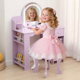 Garvee Vanidad Infantil con Espejo Iluminado, Mesa y Taburete 2 en 1 para Niñas de 3-9 Años, MDF Seguro, LED Ajustable, Blanco, Ideal para Dormitorio o Sala de Juegos - Morado