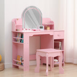 Garvee Conjunto Mesa y Sillas para Niñas con Tocador Iluminado, MDF Duradero, 3 Modos de Luz, Cajones y Estantes, Taburete, Habitaciones Infantiles, Compacto, Seguro - Rosa