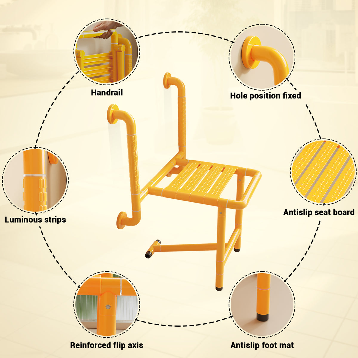 Garvee Asiento de Ducha Plegable Acero Inoxidable 304 Antideslizante para Personas Mayores y Niños Baño Hospital 57x44.5x76cm Amarillo