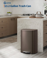 Garvee Basurero de 13 Galones con Tapa Acero Inoxidable Antihuellas para Cocina y Oficina 32.5x26x58.5cm Plata - Marrón