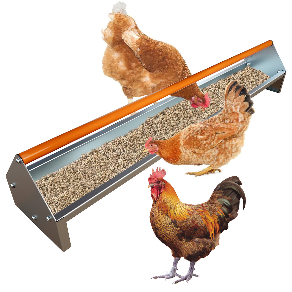 Garvee Comedero Multifuncional para Pollos 114.3cm Acero Galvanizado, Barras Giratorias 360°, Gran Capacidad con Drenaje, Cuerpo Plateado y Varillas Naranjas
