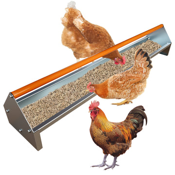 Garvee Comedero Multifuncional para Pollos 114.3cm Acero Galvanizado, Barras Giratorias 360°, Gran Capacidad con Drenaje, Cuerpo Plateado y Varillas Naranjas
