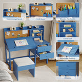 Garvee Set Escritorio y Silla Infantil de Madera con Escritorio Ajustable y Tablero de Corcho, Cajones y Estantes, Azul, para Estudio en Casa - Azul