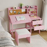 Garvee Set Escritorio y Silla Infantil de Madera con Escritorio Ajustable y Tablero de Corcho, Almacenaje Versátil, Niños 3-8 Años, Rosa - Rosa
