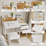 Garvee Escritorio Infantil De Madera Con Silla, Escritorio Ajustable, Cajones Y Corcho, Almacenamiento Organizado, Niños 3-8 Años, Blanco - Blanco