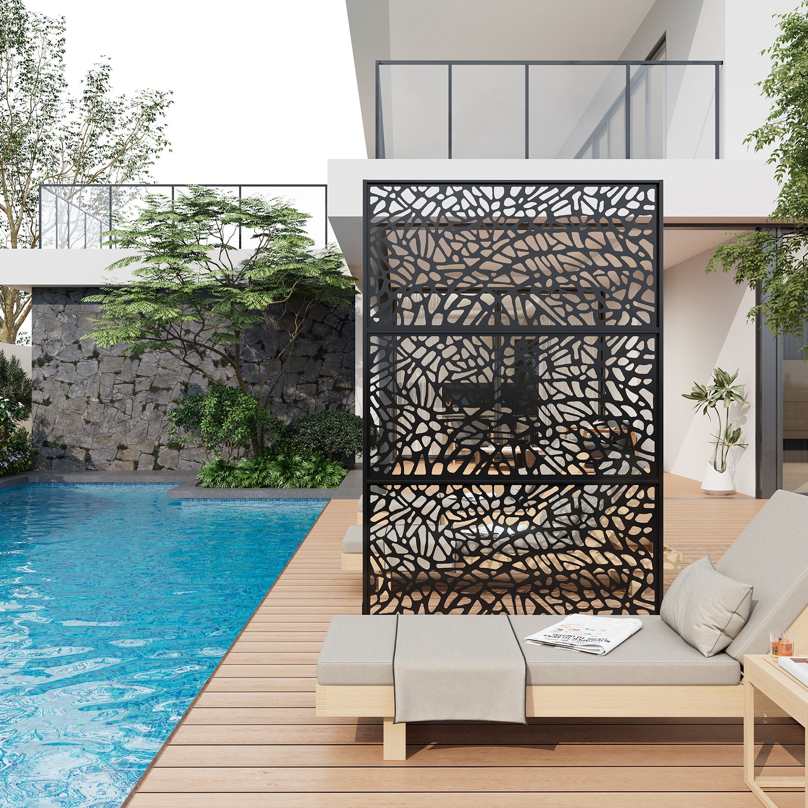 Pantalla de privacidad metalica autoportante para jardin color negro diseño abstracto estilo fragmentado Garvee