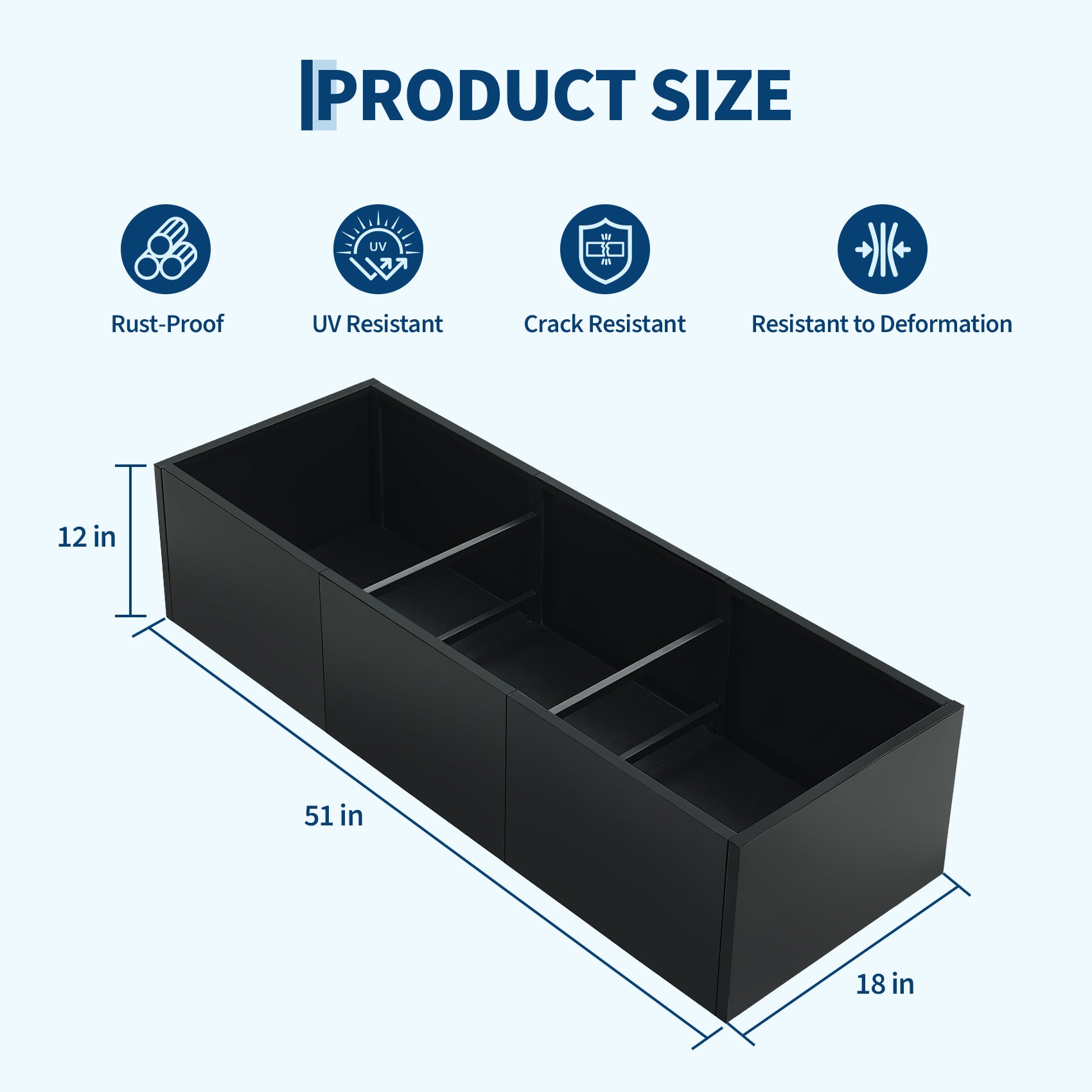 Garvee macetero metálico grande 130 × 46 × 30 cm para exterior, acero resistente, ensamblaje sin herramientas, jardín y patio, Negro