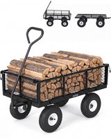 Garvee Carro de Jardin de Acero Resistente con Laterales de Malla Extraibles y Neumaticos Todoterreno Soporta 362 kg, Negro - Negro