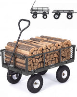 Garvee Carro de Jardin de Acero Resistente con Laterales de Malla Extraibles y Neumaticos Todoterreno Soporta 362 kg, Gris