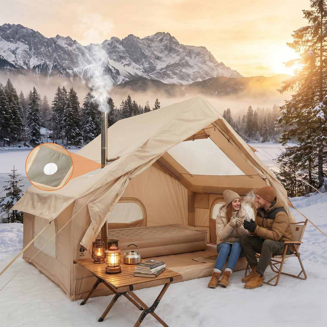 Garvee Tienda de Campaña Hinchable y Conectizable 6 m²  - Carpa Inflable Impermeable Oxford 210D con Bomba, Claraboya y Apertura para Estufa/Chimenea (2-4 Personas)