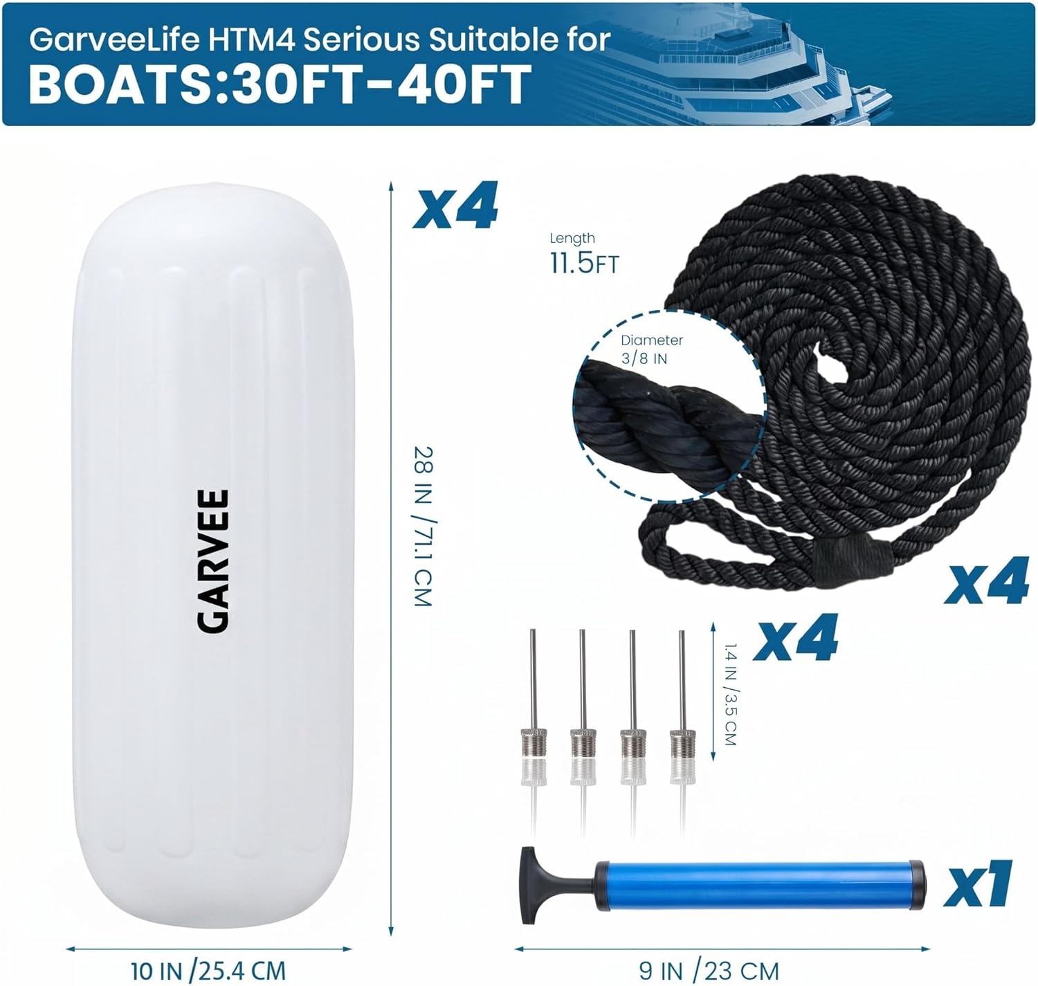 Garvee Protectores para Barcos 4 Piezas 25x71 cm PVC Resistente con Líneas de Amarre y Bomba para Muelles y Yates Blanco