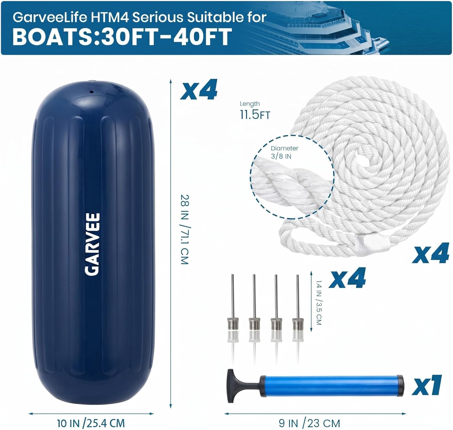 Garvee Juego de 4 Defensas para Barcos de PVC Resistente Parachoques de Atranque HTM con Agujero Central Incluye Cuerdas y Bomba 25x71 cm Azul