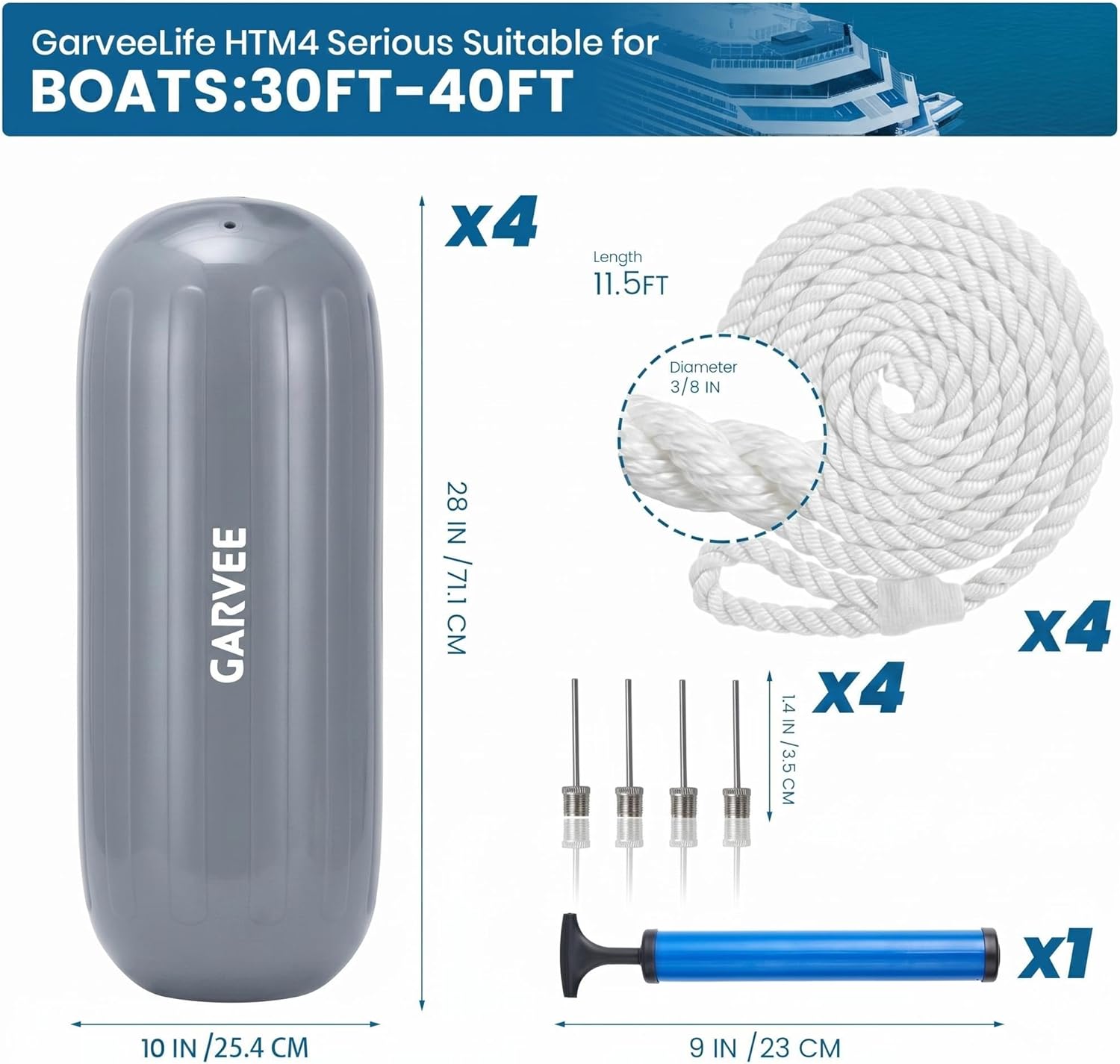 Garvee Juego de 4 Defensas para Barcos de PVC Resistente Parachoques de Atranque HTM con Agujero Central Incluye Cuerdas y Bomba 25x71 cm Gris
