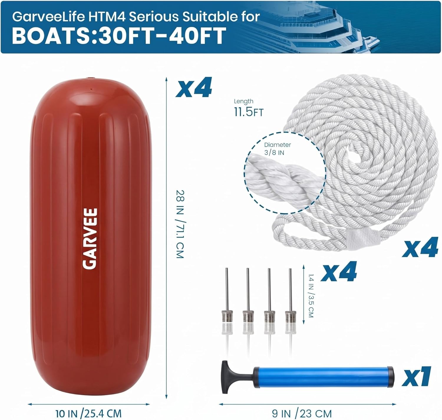 Garvee Protectores para Barcos 4 Piezas 25x71 cm Centro Acanalado PVC Resistente con Líneas de Amarre y Bomba para Amarre y Muelles Rojo