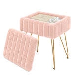 Garvee Puff Cuadrado de Tocador con Almacenamiento Oculto Tapizado en Pelo de Conejo Sintetico y Patas Metalicas, Rosa
