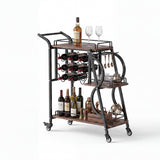 Garvee Carro de Barra de Tres Niveles con Ruedas Estante para Vino y Copas Diseno Industrial Moderno, 90x42x91 cm Negro y Madera