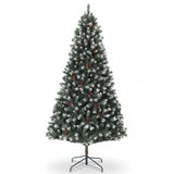 Garvee Arbol de Navidad Artificial Flocado con Pinas Bayas Rojas y Luces LED Calidas Base Estable, 182 cm Verde y Blanco