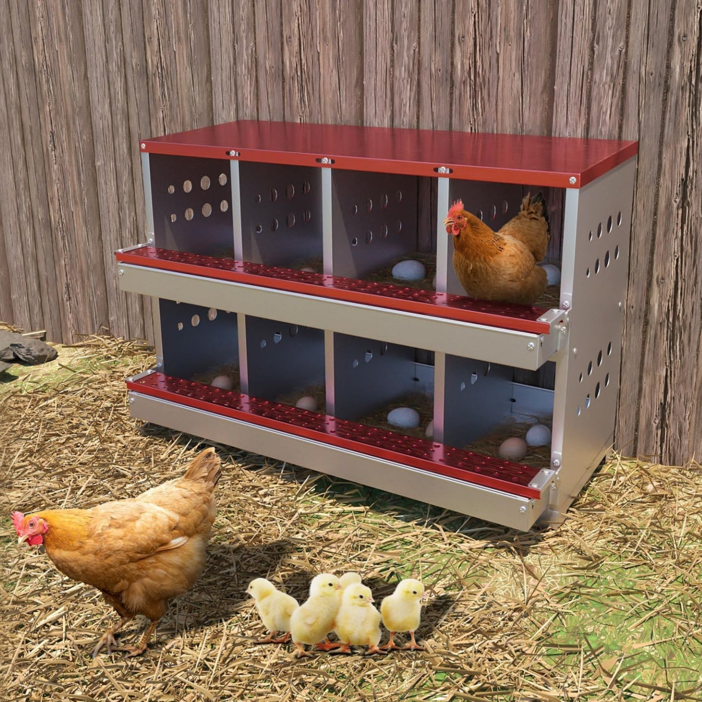 Garvee Caja de Nido para Pollos 2 Capas 8 Compartimentos, Acero Galvanizado, Con 8 Huevos Falsos, Bandeja Recolección Barra Posadero, Antióxido Gallineros, Rojo