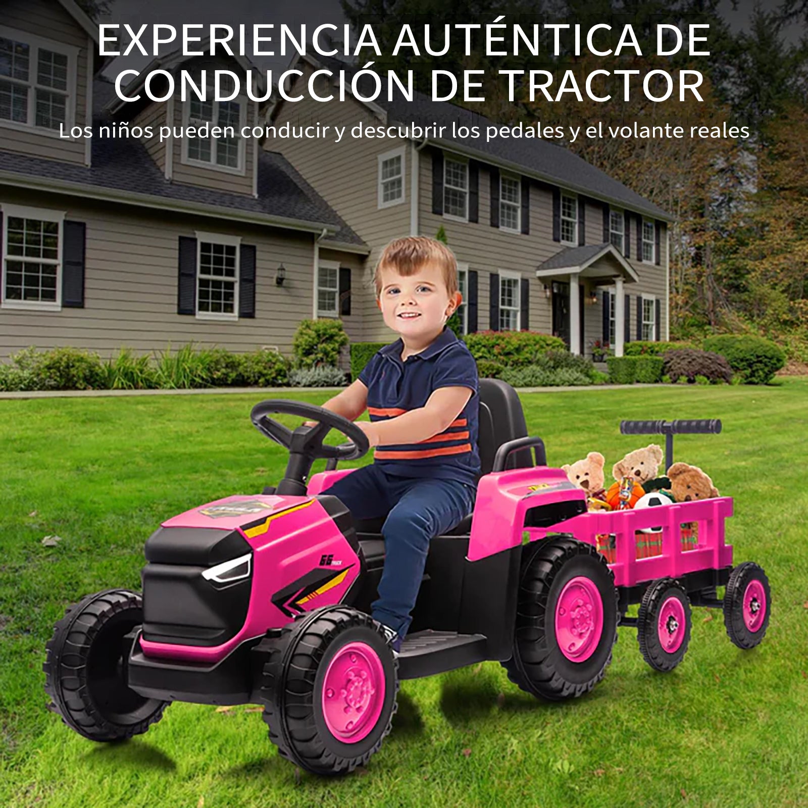 Garvee Tractor Eléctrico 12V con Remolque, Motor Dual 35W, Bluetooth, Luces LED y Control Remoto para Niños - Rosa