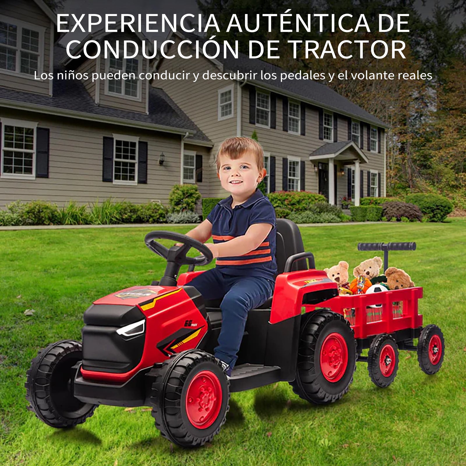 Garvee Tractor Eléctrico 12V, Remolque Amovible, Doble Motor, Control Remoto LED, Música, Bluetooth, 3-6 años, Jardín, Rojo