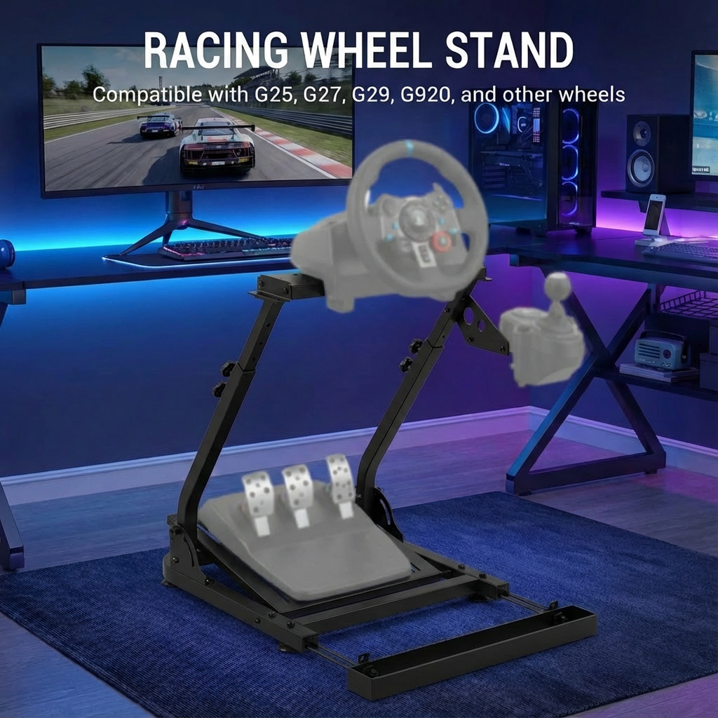 Garvee Soporte para Volante de Carreras Ajustable y Plegable Acero Q235 con Ranura para Silla Fija, Base en L Ajustable (63.0-78.0 cm), Compatible con Logitech G25/G27/G29/G920, Sim Racing Negro