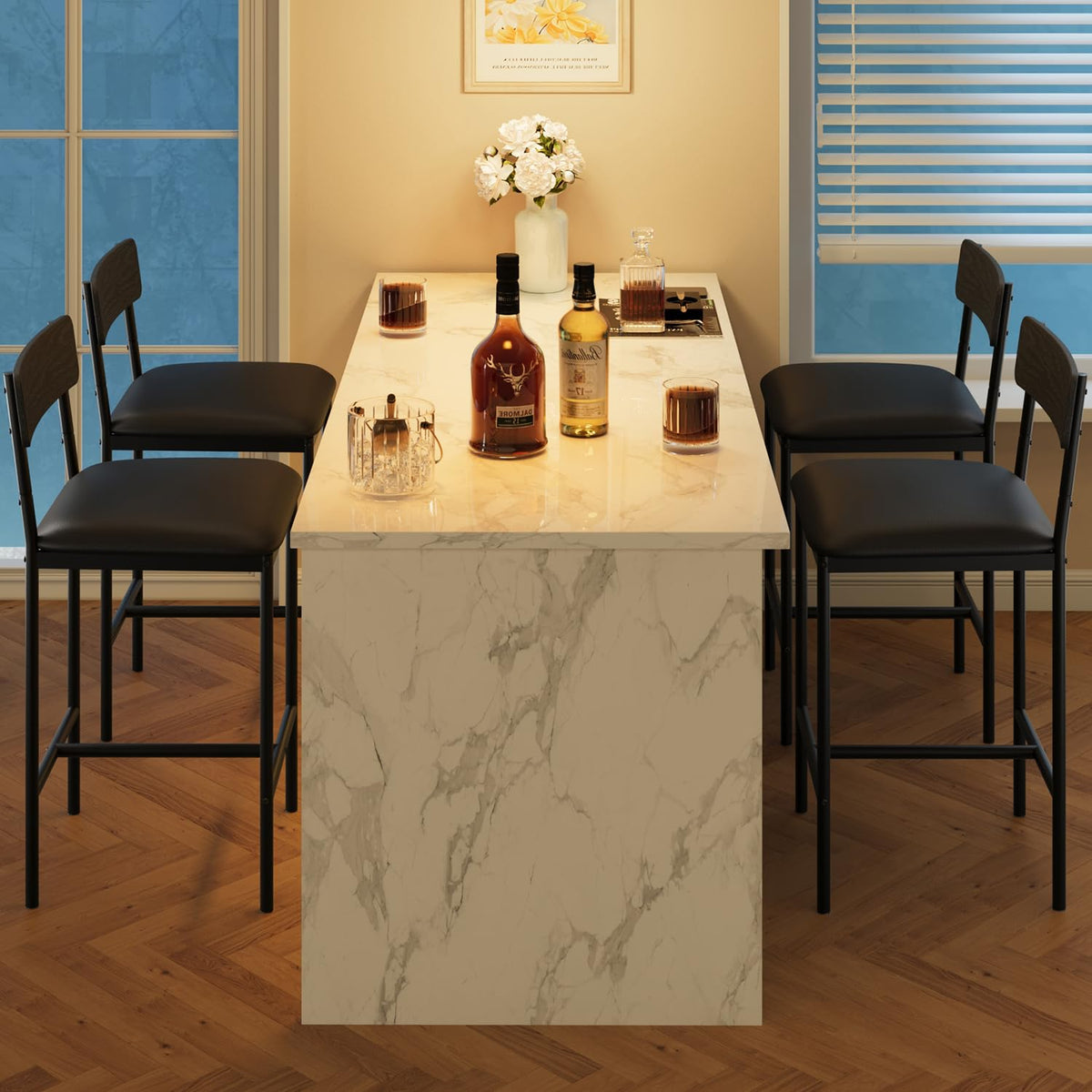 Garvee Conjunto De 4 Taburetes De Bar Para Cocina, Altura De Mostrador, Asiento Acolchado De PU, Negro Rústico