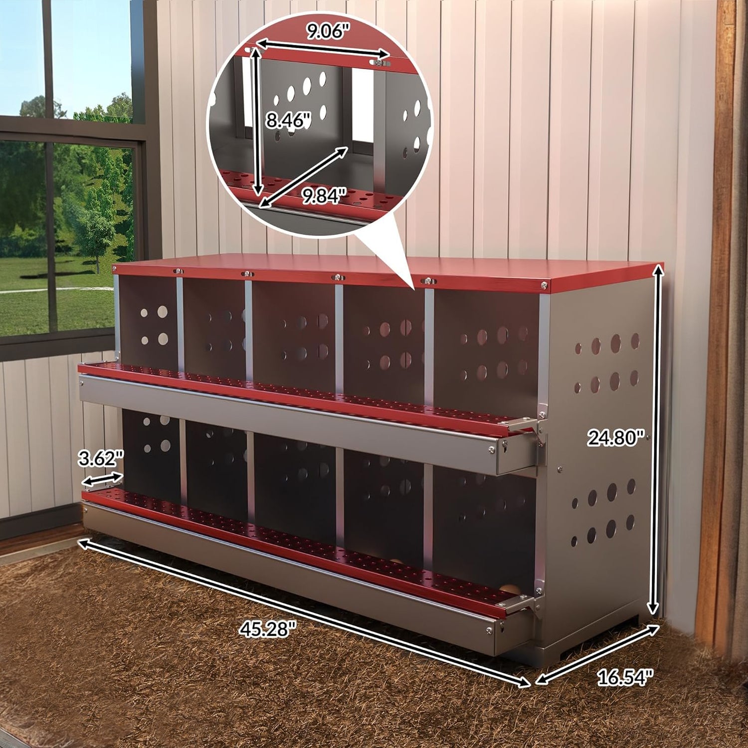 Garvee Caja de Anidación para Gallinas 2 Capas 10 Compartimentos, Acero Galvanizado, Con 10 Huevos Falsos, Antióxido Ventilada, Percha Piso Deslizante, Resistente al Agua, Rojo