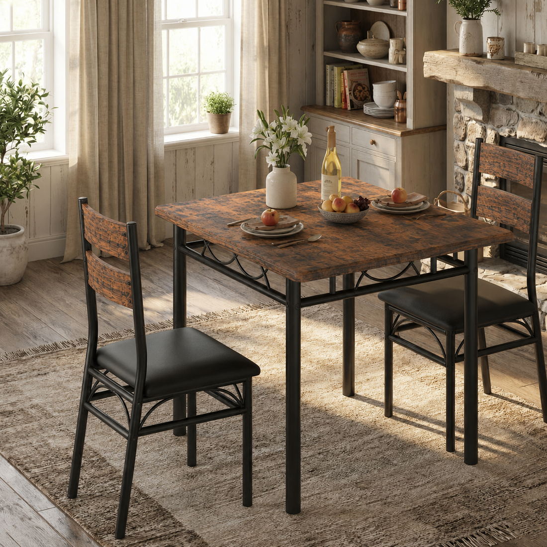 Garvee Juego de Comedor de 3 Piezas para 2 Personas con Mesa de Madera de 110x70x77 cm y 2 Sillas Tapizadas con Estructura Metálica de Estilo Industrial, Madera Vintage