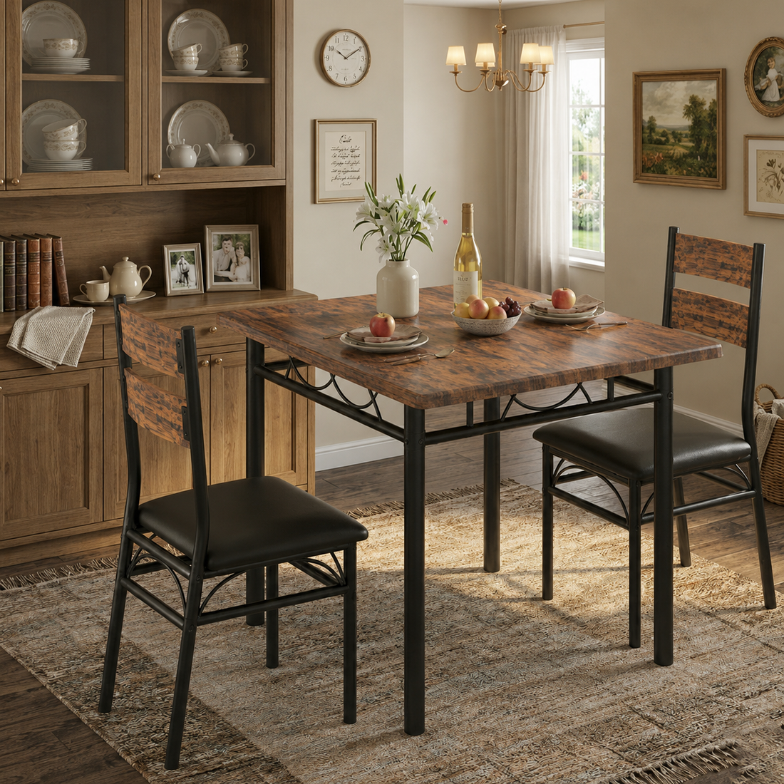 Garvee Juego de Comedor de 3 Piezas para 2 Personas con Mesa de Madera de 110x70x77 cm y 2 Sillas Tapizadas con Estructura Metálica de Estilo Industrial, Madera Vintage