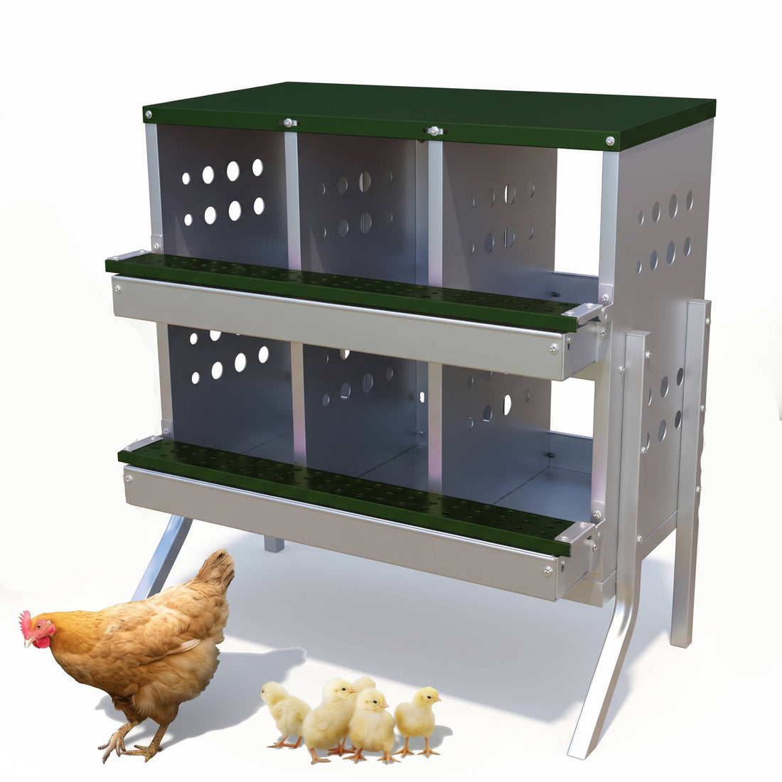 Garvee Ponedero para Gallinas de 2 Niveles y 6 Compartimentos con Patas, Cajas de Anidación de Acero Galvanizado con Bandeja de Recogida y 6 Huevos Falsos, Verde Oscuro