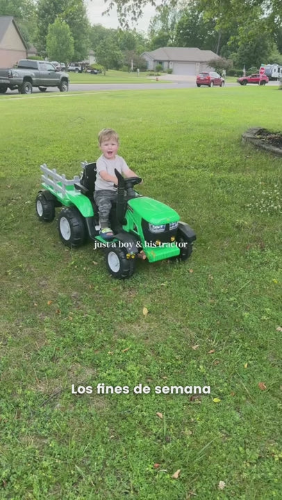 Garvee Tractor Eléctrico 12V para Niños con Remolque Desmontable Doble Motor 35W Control Remoto 3 Velocidades Luces LED 6 Ruedas Verde